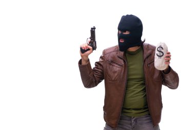 Kar maskesi takan soyguncu beyaz arka planda izole edilmiş.