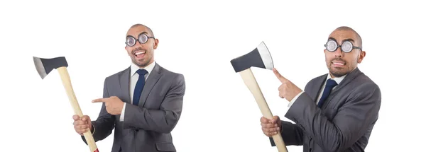 Hombre de negocios divertido con hacha en blanco —  Fotos de Stock