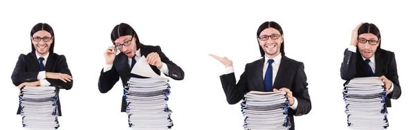 Funny man with lots of papers on white — Stock Photo, Image