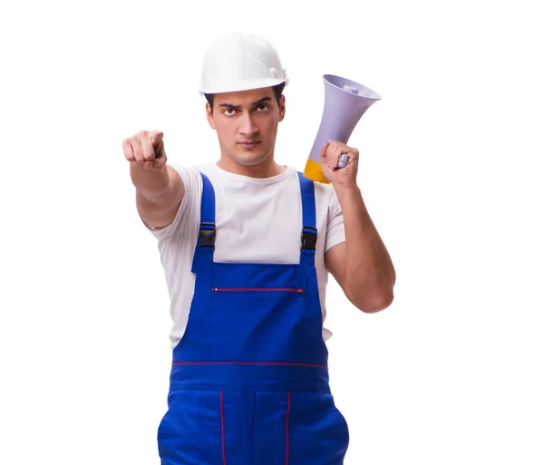 Man with megaphone isolated on white — Stock Photo, Image