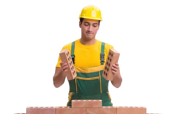 レンガの壁を構築するハンサムな建設労働者 — ストック写真