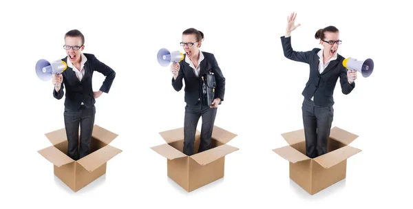 Woman businesswoman with loudspeaker inthe box — Stock Photo, Image