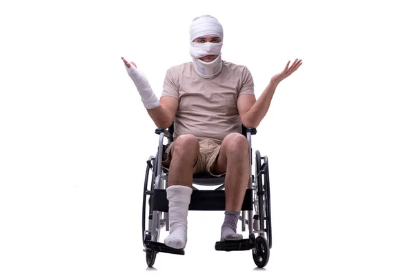 Injured man in wheel-chair isolated on white — Stock Photo, Image