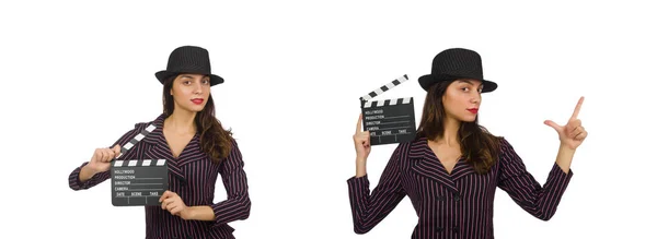 Femme avec film clapboard isolé sur le blanc — Photo