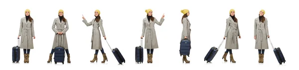 Žena s kufrem připravuje na zimní dovolenou — Stock fotografie