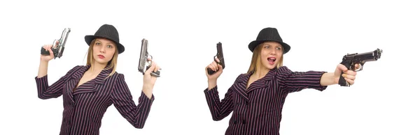 Женщина-гангстер с пистолетом изолирована на белом — стоковое фото