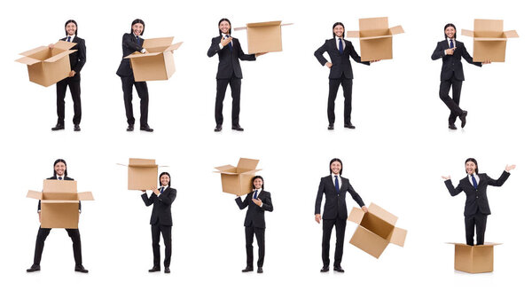 Funny man with boxes on white