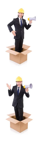 Homem com chapéu duro e alto-falante em pé na caixa — Fotografia de Stock