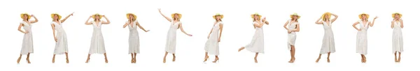 Жінка в довгій літній сукні і капелюсі ізольована на білому — стокове фото