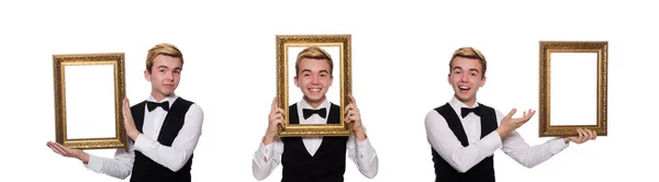 Guy with photo frame isolated on white — Stock Photo, Image