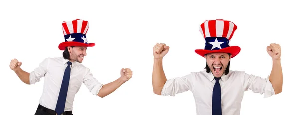 Hombre con bandera americana aislado en blanco —  Fotos de Stock