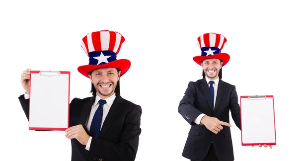 Affärsman bär USA hatt med papper på vit — Stockfoto