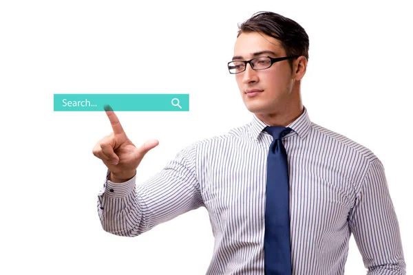 Search concept with businessman pressing button — Stock Photo, Image