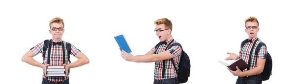 Estudiante divertido con pila de libros — Foto de Stock