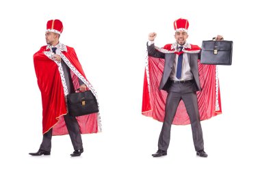 Kralcılık oynayan iş adamı beyazda izole edilmiş.