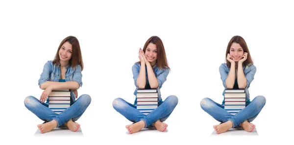 Schülerin mit Büchern auf weiß — Stockfoto