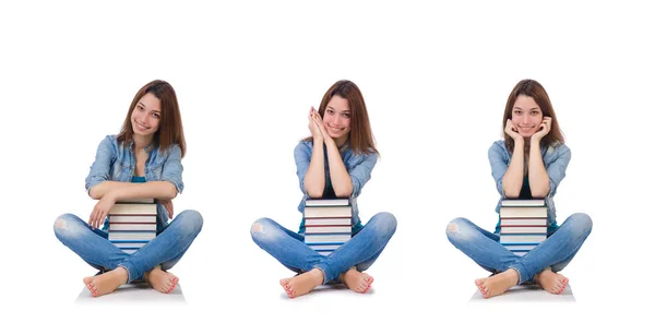 Estudante menina com livros sobre branco — Fotografia de Stock