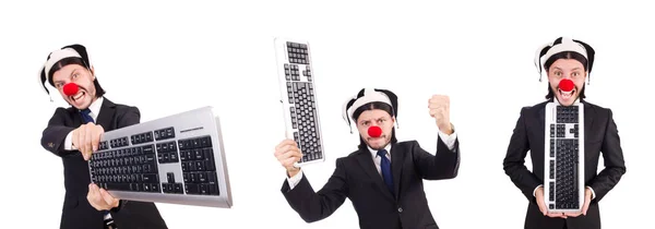 Buffo clown con tastiera isolata su bianco — Foto Stock