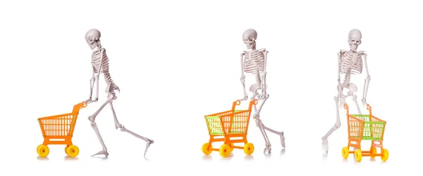 Skeleton with shopping cart trolley isolated on white — Stock Photo, Image