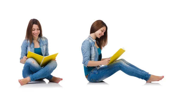 Estudante menina com livros sobre branco — Fotografia de Stock