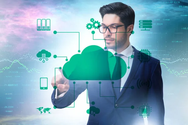 Cloud computing concept with woman pressing buttons — Stock Photo, Image