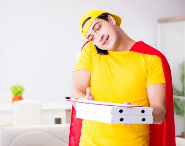 Superhero pizza delivery guy with red cover