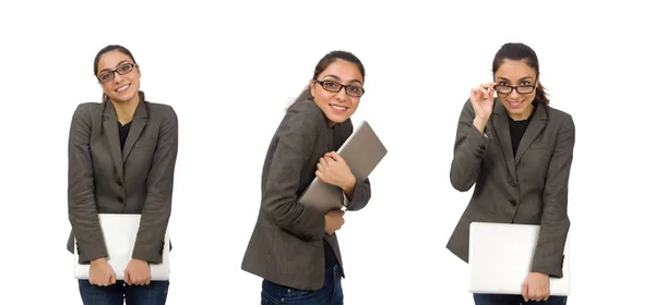 Ung student med laptop på vit — Stockfoto