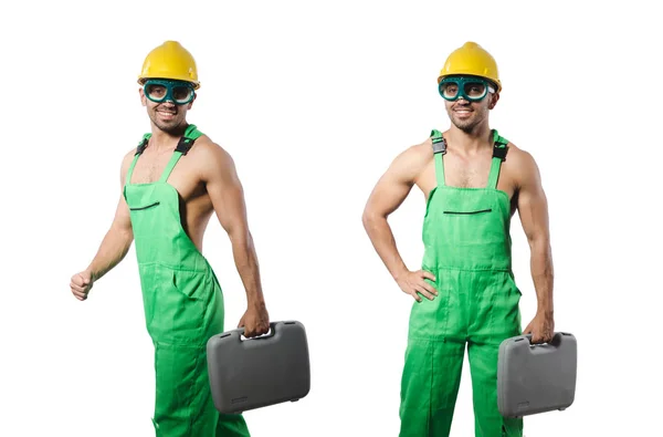 Homme avec boîte à outils isolé sur le blanc — Photo