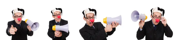 Zakenman clown met luidspreker op wit — Stockfoto