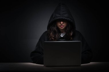 Female hacker hacking security firewall late in office clipart