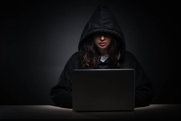 Female hacker hacking security firewall late in office