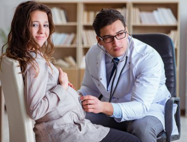 Hamile kadın muayene için doktoru ziyaret ediyor.