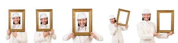 Man in white costume with picture frame — Stock Photo, Image
