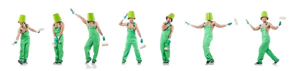 Painter in green coveralls on white — Stock Photo, Image