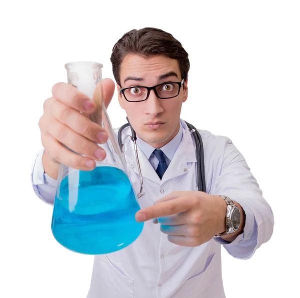 Funny doctor with blue liquid isolated on white — Stock Photo, Image