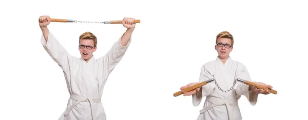 Divertido luchador de karate con nunchucks en blanco — Foto de Stock