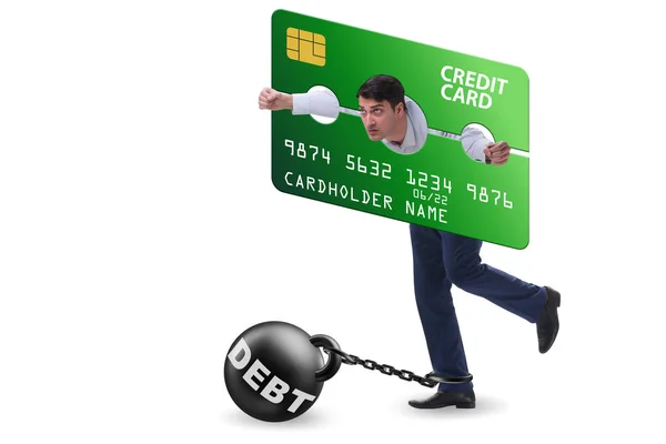 Businessman in credit card burden concept in pillory — Stock Photo, Image