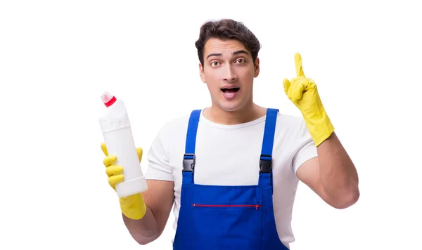 Homem com agentes de limpeza isolados sobre fundo branco — Fotografia de Stock