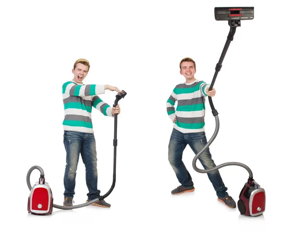 Funny man with vacuum cleaner on white — Stock Photo, Image