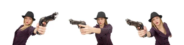 Gangsterkvinna med pistol isolerad på vitt — Stockfoto