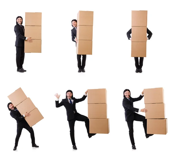 Hombre divertido con cajas en blanco — Foto de Stock