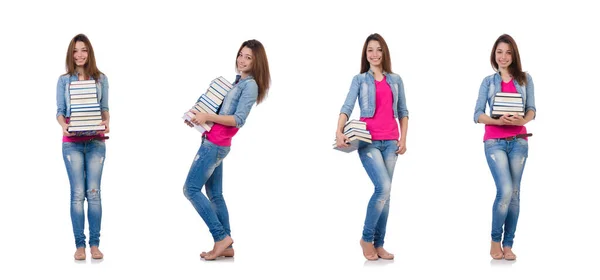 Student girl with books on white — Stock Photo, Image