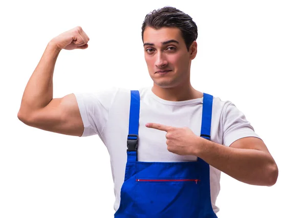 Handsome repairman wearing blue coveralls on white — Stock Photo, Image