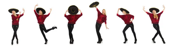 Lustige mexikanische Frau trägt Sombrero isoliert auf weiß — Stockfoto