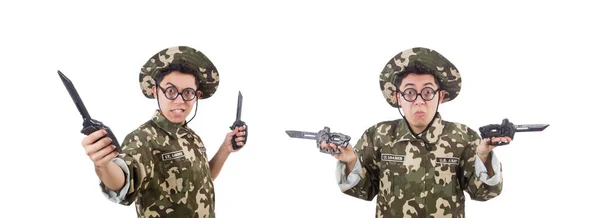 Soldato divertente con coltello su bianco — Foto Stock
