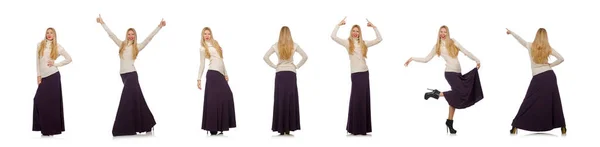 Hezká dívka v fialové dlouhé šaty izolovaných na bílém — Stock fotografie