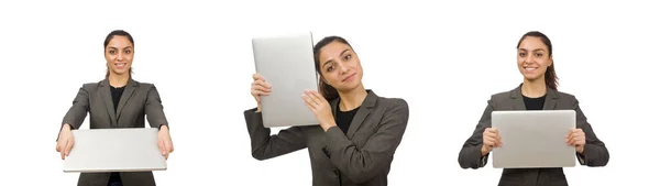 Mladý student s notebookem na bílém pozadí — Stock fotografie