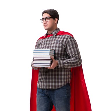 Kitapları beyaza ayrılmış süper kahraman öğrenci.