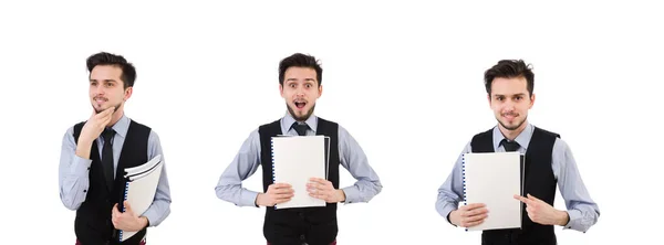 Employé de bureau tenant du papier isolé sur blanc — Photo