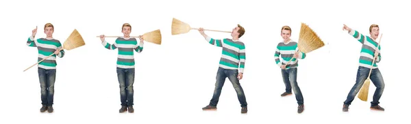 Hombre divertido con fregona aislada en blanco — Foto de Stock